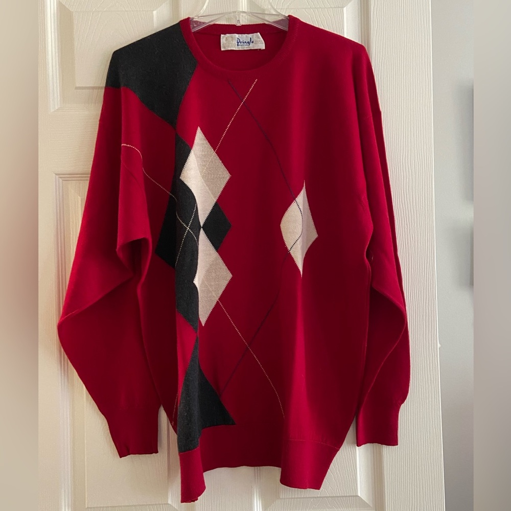 VTG Pringle of Scotland 100% Lambswool Red V-Neck Argyle Sweater Oversized XL